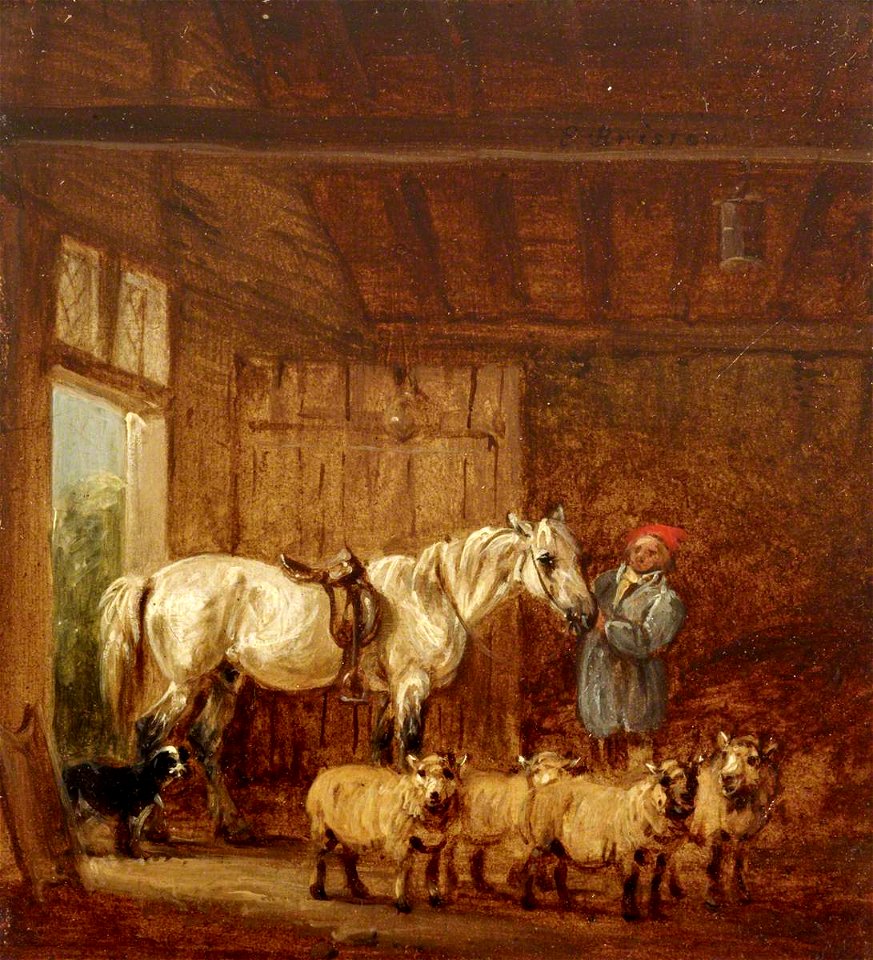 Edmund Bristow (1787-1876) - A White Horse with a Groom, and Sheep in a Barn - 515723.2 - National Trust