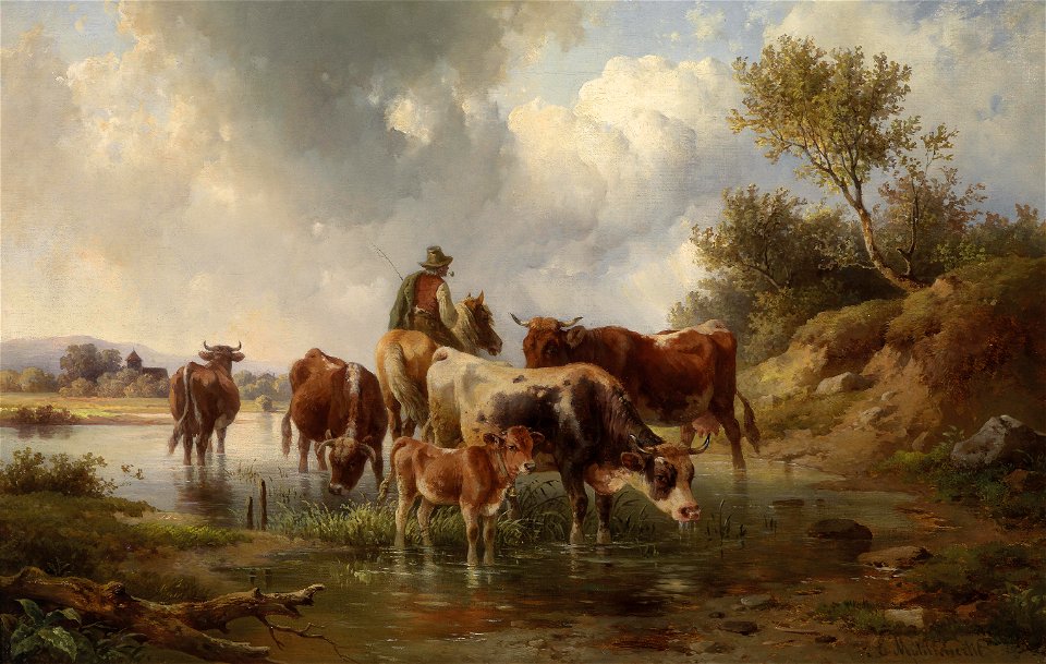 Edmund Mahlknecht Kühe mit Hirten an der Furt