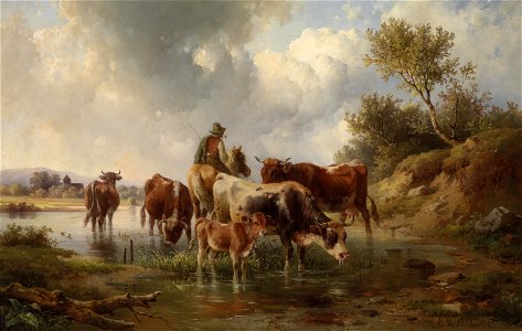 Edmund Mahlknecht Kühe mit Hirten an der Furt
