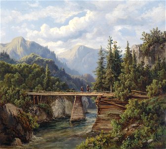 Edmund Höd Holzbrücke über einem Gebirgsbach 1861