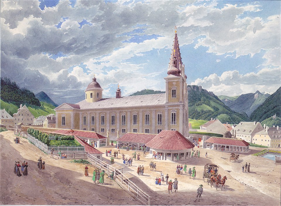Eduard Gurk - Die Basilika Mariazell vom Kirchplatz aus - ca 1833