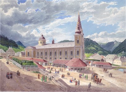 Eduard Gurk - Die Basilika Mariazell vom Kirchplatz aus - ca 1833