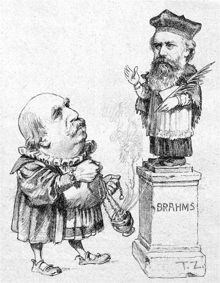 Eduard Hanslick offering incense to Brahms; cartoon rom the Viennese journal 'Figaro', 1890