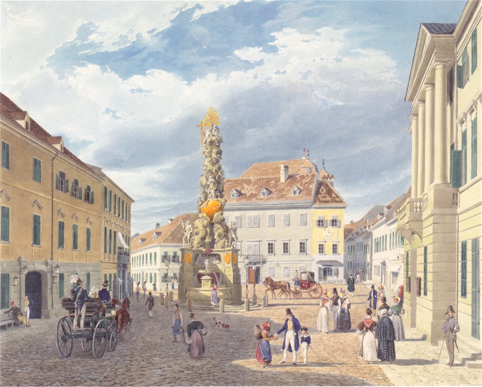 Eduard Gurk - Der Hauptplatz mit dem Ferdinandsbrunnen in Baden bei Wien - 1833