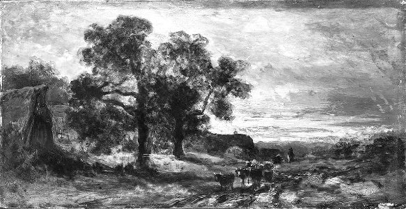 Eduard Schleich d. Ä. - Zwei Bauernhäuser unter Bäumen mit vorbeiziehender Rinderherde - 7683 - Bavarian State Painting Collections