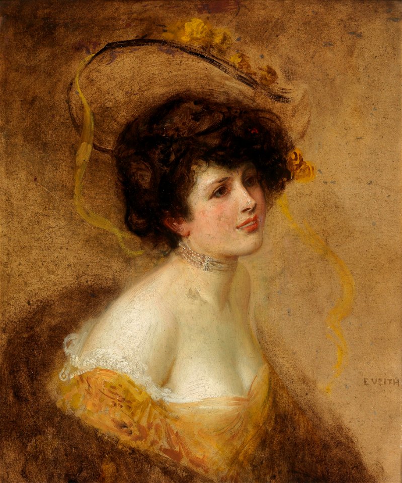 Eduard Veith Dame mit Hut in gelbem Kleid