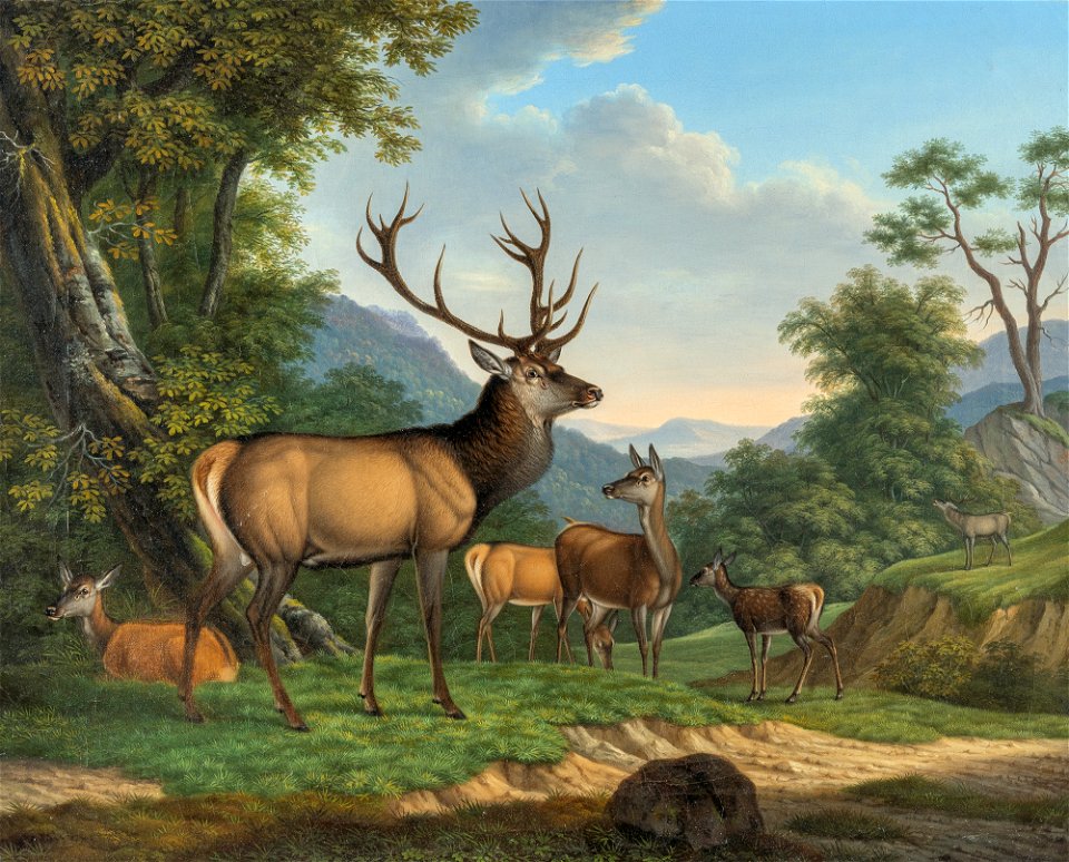 Eduard Kehrer Rothirsch mit Rudel in Waldlandschaft