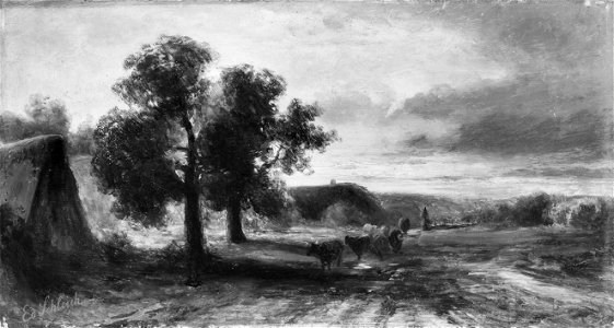 Eduard Schleich d. Ä. - Zwei Bauernhäuser unter Bäumen mit vorbeiziehender Rinderherde - 11843 - Bavarian State Painting Collections