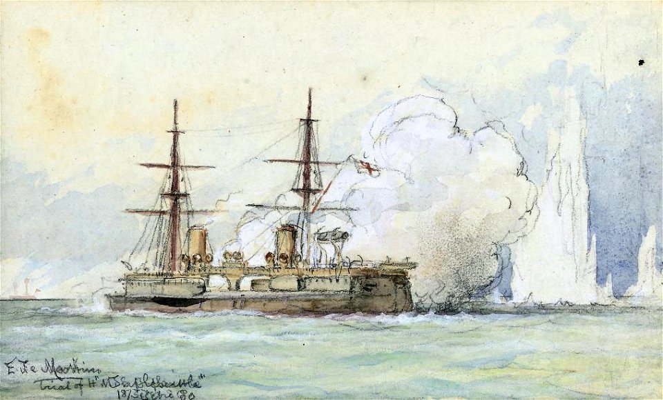 Eduardo de Martino - The new H.M.S. Inflexible at sea on her trials, September 1880 painting draft watercolour CSK 2010