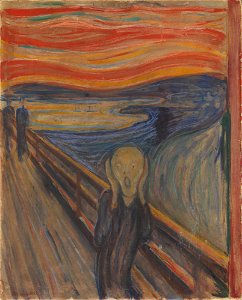 Edvard Munch, 1893, The Scream, oil, tempera and pastel on cardboard, 91 x 73 cm, National Gallery of Norway. Free illustration for personal and commercial use.