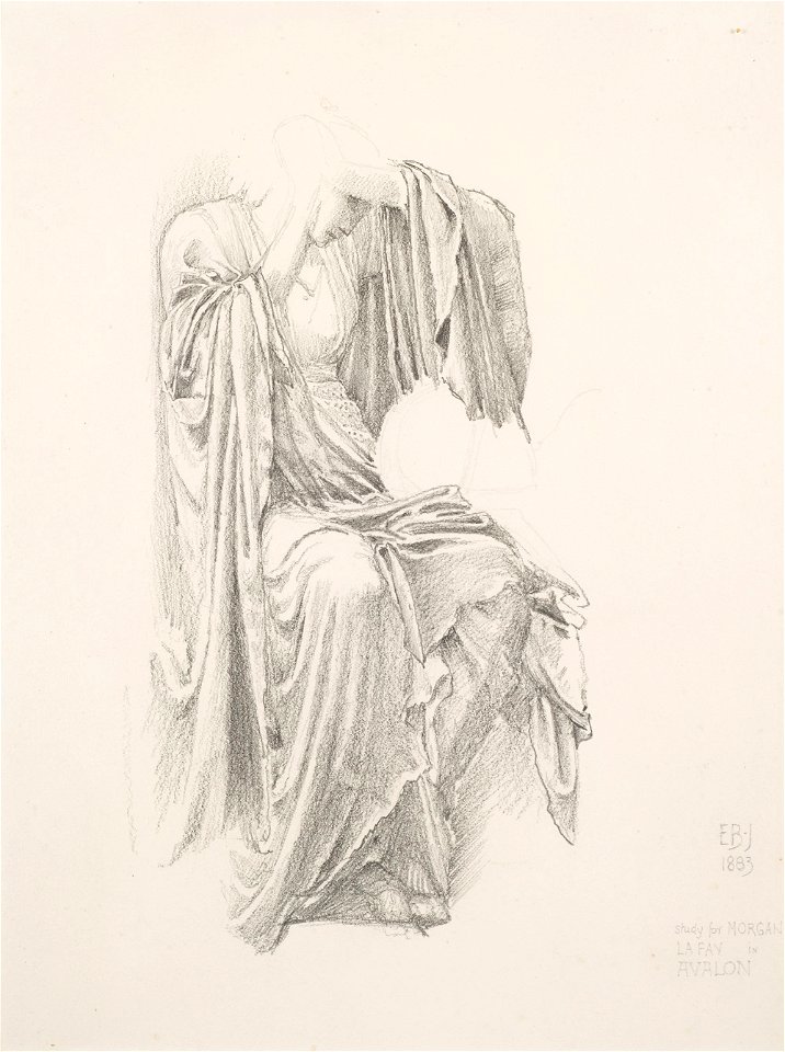 Edward Coley Burne-Jones - Estudio de drapeado para la reina Morgana le Fay a la cabeza del rey Arturo