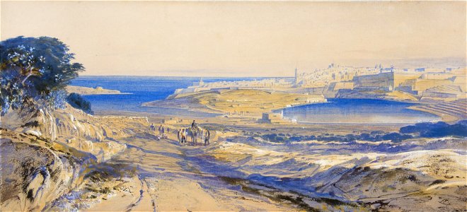 Edward Lear - panoramic watercolour of Valletta and Marsamxett, Malta
