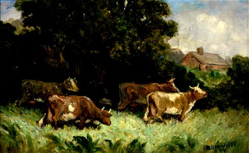 Edward Mitchell Bannister - Untitled (five cows in pasture, rooftop in background) - 1983.95.72 - Smithsonian American Art Museum