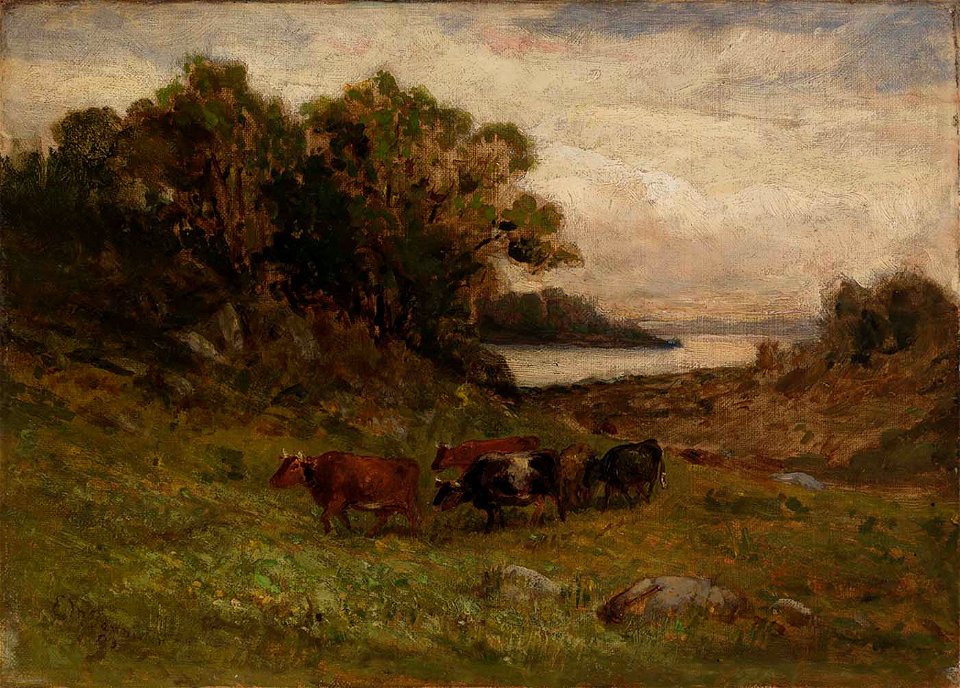 Edward Mitchell Bannister - Untitled (five cows grazing with trees and river in background) - 1983.95.122 - Smithsonian American Art Museum