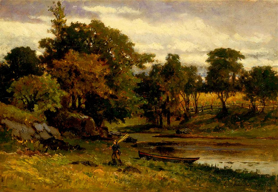 Edward Mitchell Bannister - Untitled (landscape, boat moored near stream, man walking in foreground) - 1983.95.112 - Smithsonian American Art Museum