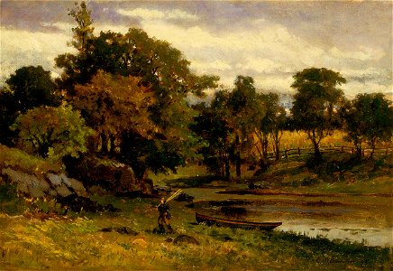 Edward Mitchell Bannister - Untitled (landscape, boat moored near stream, man walking in foreground) - 1983.95.112 - Smithsonian American Art Museum