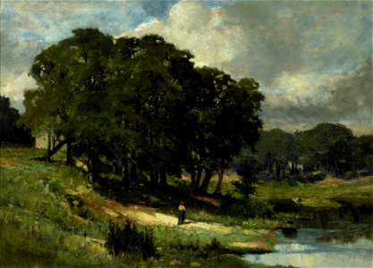 Edward Mitchell Bannister - Woman Standing Near a Pond. Free illustration for personal and commercial use.