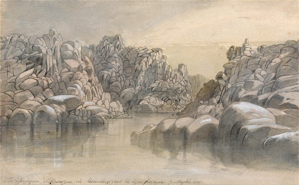 Edward Lear - River pass between semi barren rock cliffs - Google Art Project