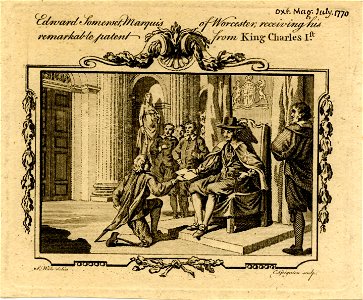 Edward Somerset, Marquis of Worcester, receiving his remarkable patent from King Charles 1st (BM 1868,0808.9896)