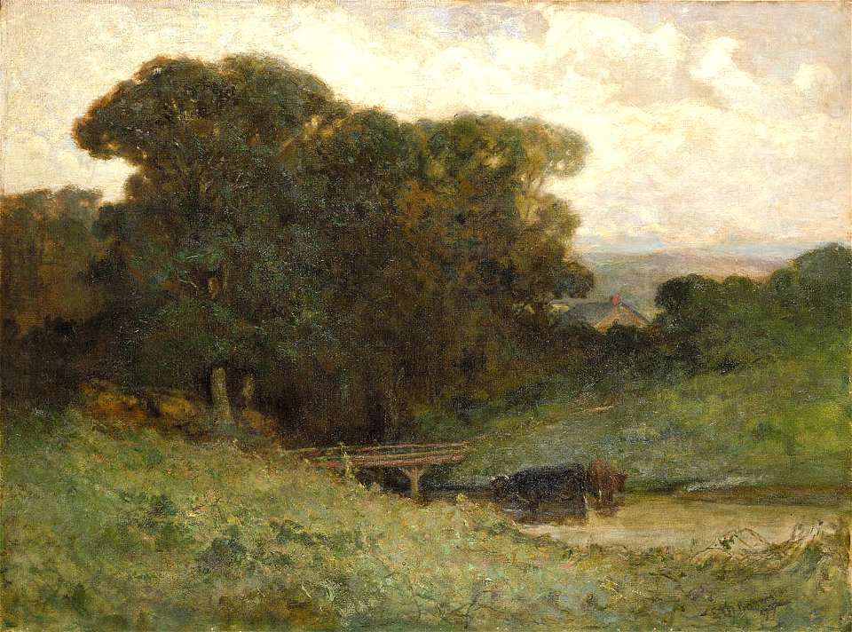 Edward Mitchell Bannister - Untitled (forest scene with bridge, cows in stream in foreground) - 1983.95.144 - Smithsonian American Art Museum