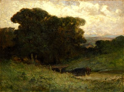 Edward Mitchell Bannister - Untitled (forest scene with bridge, cows in stream in foreground) - 1983.95.144 - Smithsonian American Art Museum