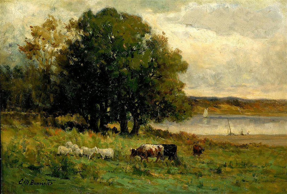 Edward Mitchell Bannister - Untitled (cattle near river with sailboat in distance) - 1983.95.98 - Smithsonian American Art Museum