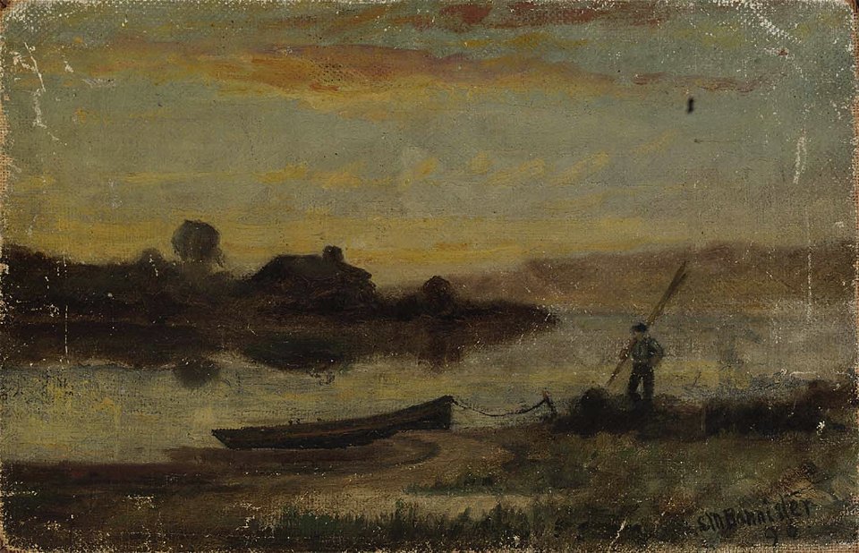 Edward Mitchell Bannister - Untitled (landscape, boat moored near bank with man walking) - 1983.95.114 - Smithsonian American Art Museum