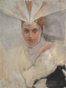 Edwin Austin Abbey - Woman with osprey headdress and white fur collar - 1937.2517 - Yale University Art Gallery