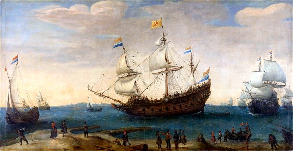 Een aantal Oostindiëvaarders voor de kust Rijksmuseum SK-A-3108
