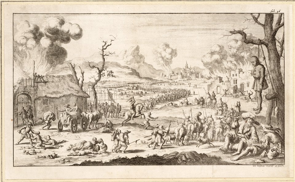 Een boerderij brandt, een man hangt aan een boom, wreedheden van de bende van Peter de kluizenaar, objectnr A 41633