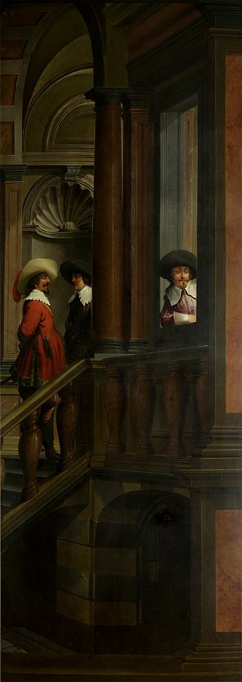 Een buitentrap (rechterhelft van de voorstelling). Onderdeel van een zevendelige kamerbeschildering. Rijksmuseum SK-A-3942