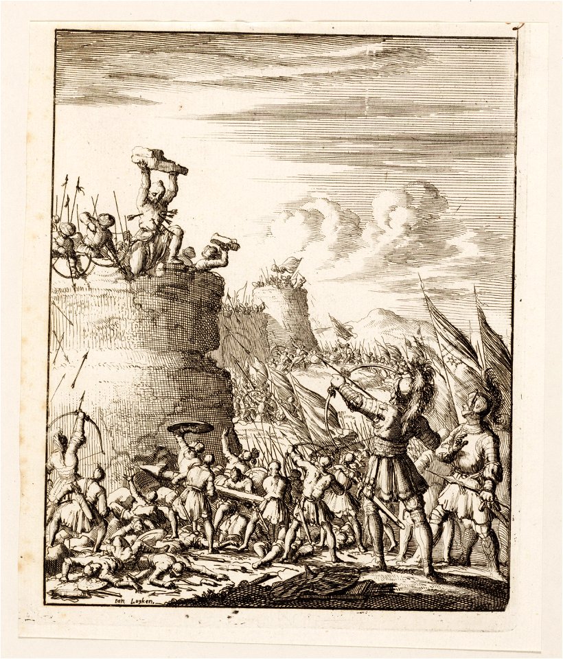 Een dappere met pijlen geraakte Turk te Nicea blijt zijn vesting verdedigen met het werpen van stenen, objectnr A 41629