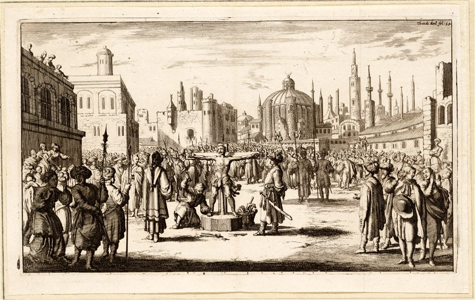 Een Christen wordt door een Turk aan een laag kruis genageld, objectnr A 19527