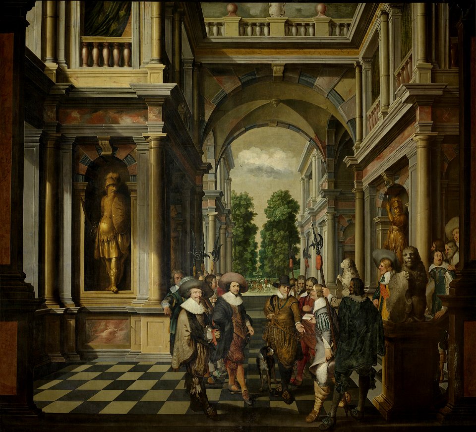 Een galerij. Onderdeel van een zevendelige kamerbeschildering. Rijksmuseum SK-A-3936
