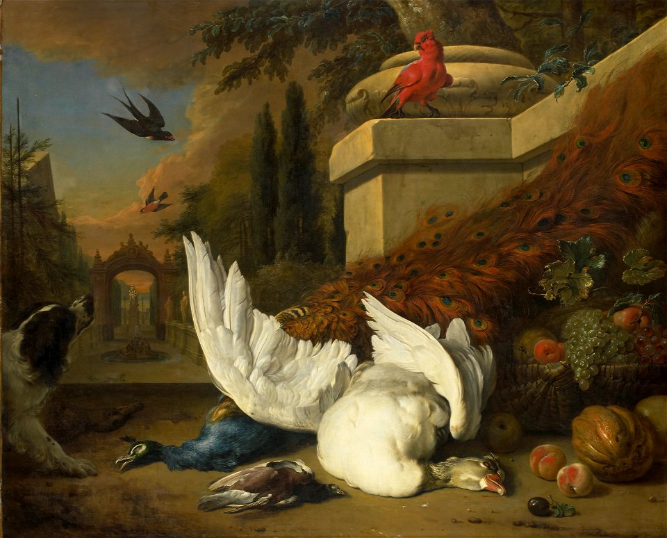 Een hond bij een dode gans en een pauw Rijksmuseum SK-C-264