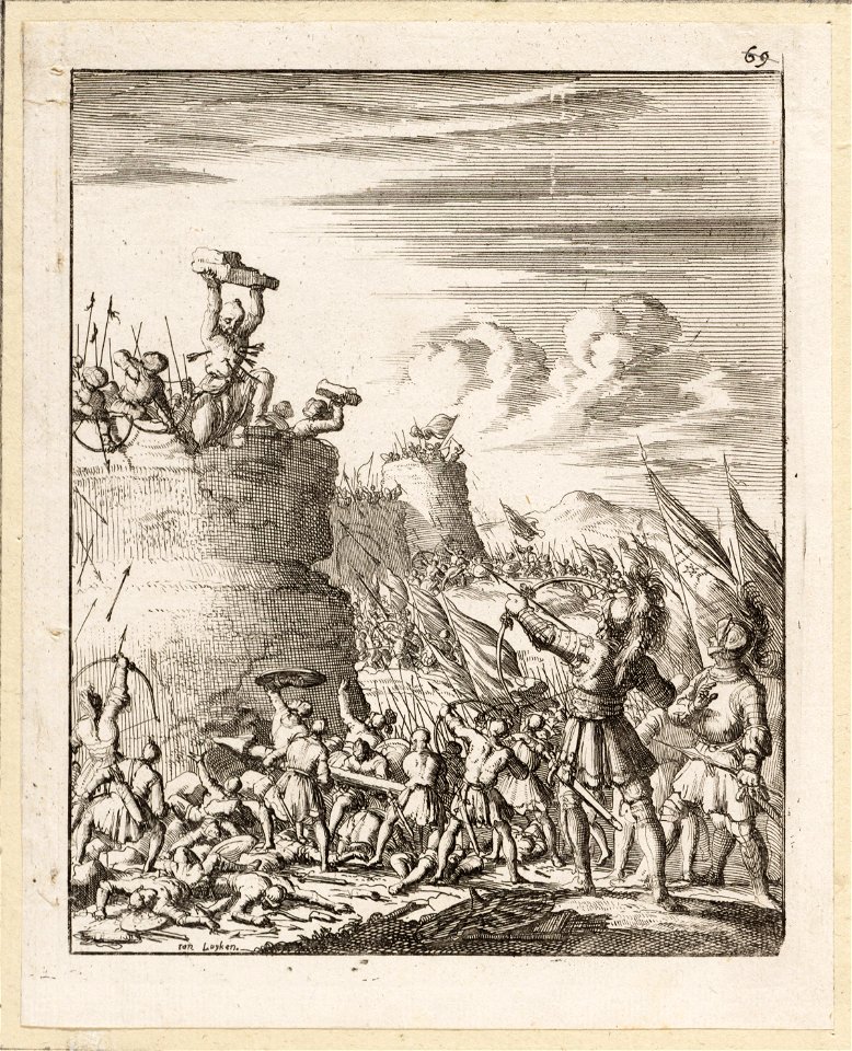 Een dappere met pijlen geraakte Turk te Nicea blijt zijn vesting verdedigen met het werpen van stenen, objectnr A 41634