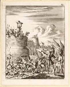 Een dappere met pijlen geraakte Turk te Nicea blijt zijn vesting verdedigen met het werpen van stenen, objectnr A 41634