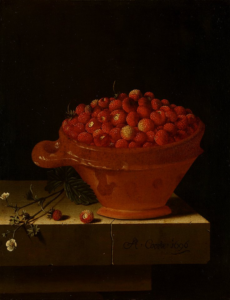 Een bakje aardbeien op een stenen plint Rijksmuseum SK-C-1687