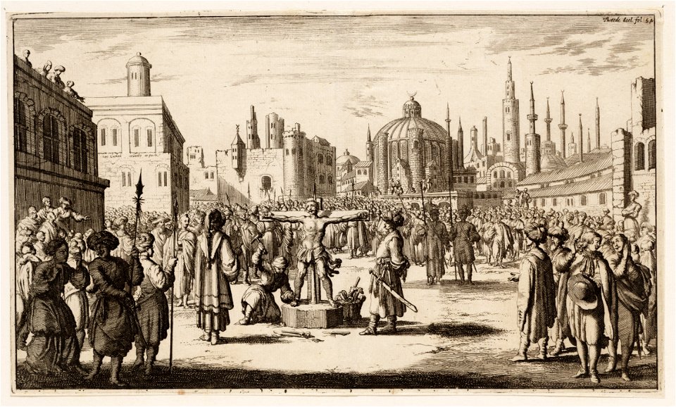 Een Christen wordt door een Turk aan een laag kruis genageld, objectnr A 19540