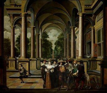 Een galerij. Onderdeel van een zevendelige kamerbeschildering. Rijksmuseum SK-A-3937