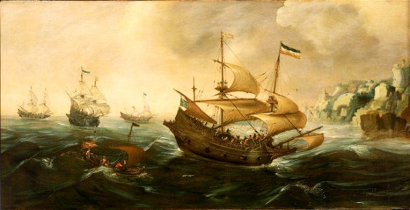 Dutch Ships sailing off a Rocky Shore