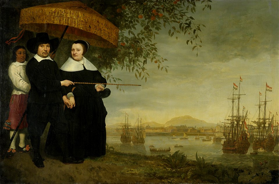 Een opperkoopman van de VOC, vermoedelijk Jacob Mathieusen en zijn vrouw ; op de achtergrond de retourvloot op de rede van Batavia Rijksmuseum SK-A-2350
