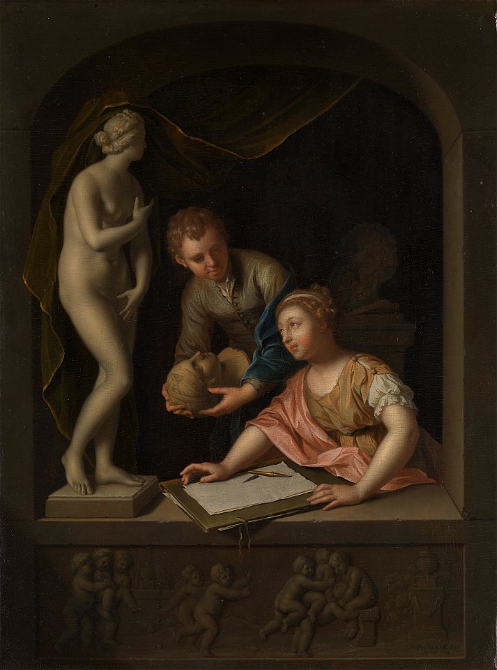 Een tekenares en een jongen bij een beeld van Venus Rijksmuseum SK-A-472
