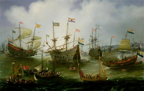Andries van Eertvelt - The Return to Amsterdam of the Second Expedition to the East Indies on 19th July 1599. Free illustration for personal and commercial use.