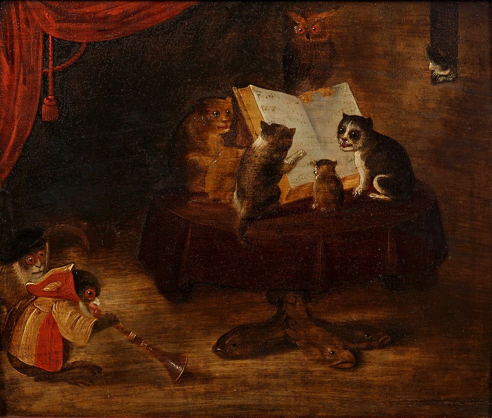 Egbert van Heemskerck dJ Satirische Szene mit Katzen Affen und Eule