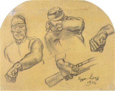 Egger-Lienz - Helden (Kaiserjäger, den Gewehrlauf vorhaltend, ein zweiter, die Hand vor dem Gesicht haltend, zwei Hände)
