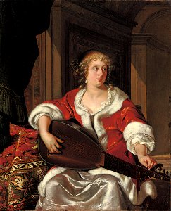 Eglon van der Neer - A lady tuning a Lute Theorbe - 2009 AMS 02829 0063. Free illustration for personal and commercial use.