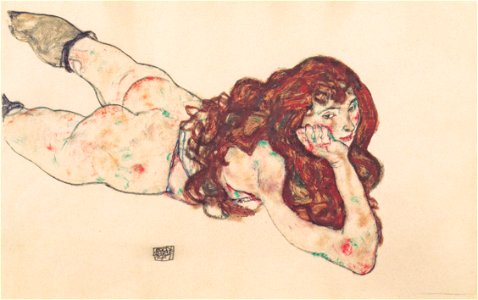Egon Schiele - Auf dem Bauch liegender weiblicher Akt - 1917