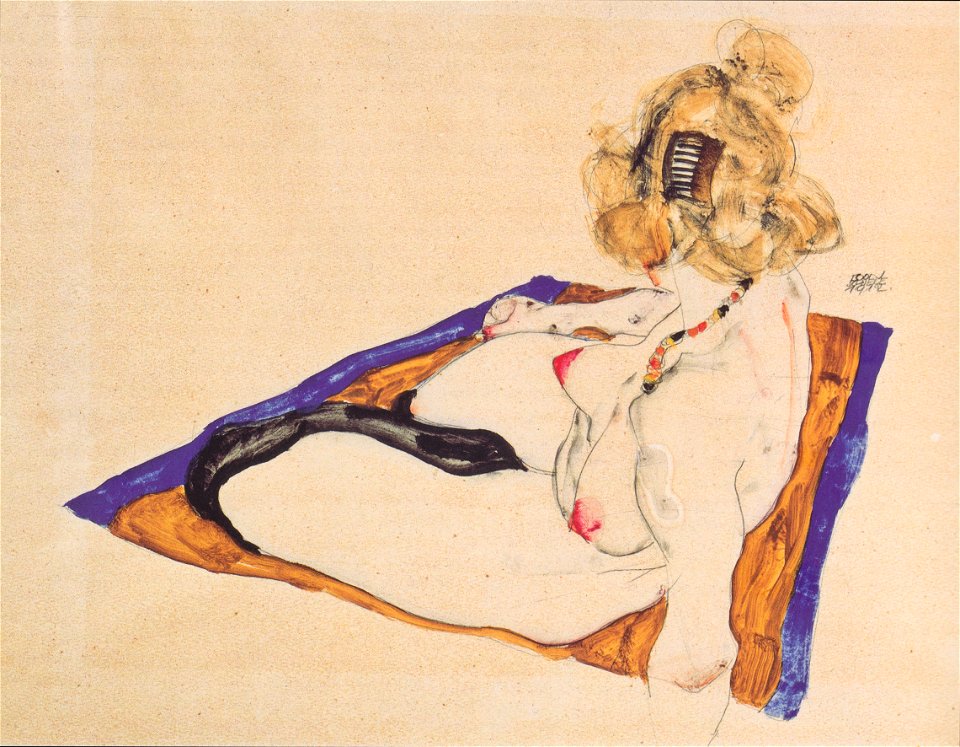 Egon Schiele - Blondes Aktmodel auf braunem Tuch sitzend - 1912