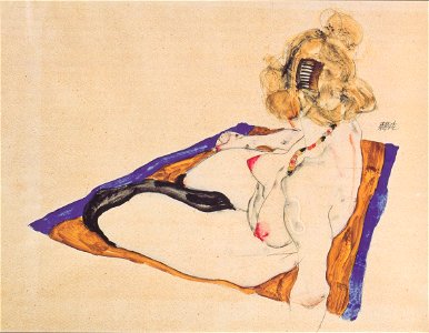 Egon Schiele - Blondes Aktmodel auf braunem Tuch sitzend - 1912